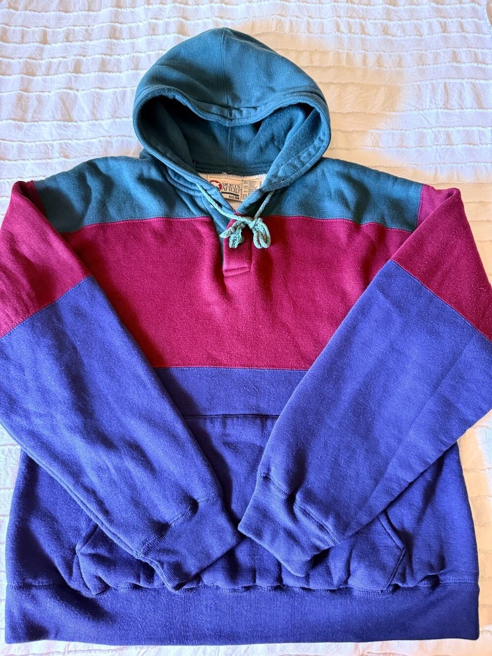 Vintage 90s Sports Afield Hoodie M Colorblock Thermal Lined Henley Pullover